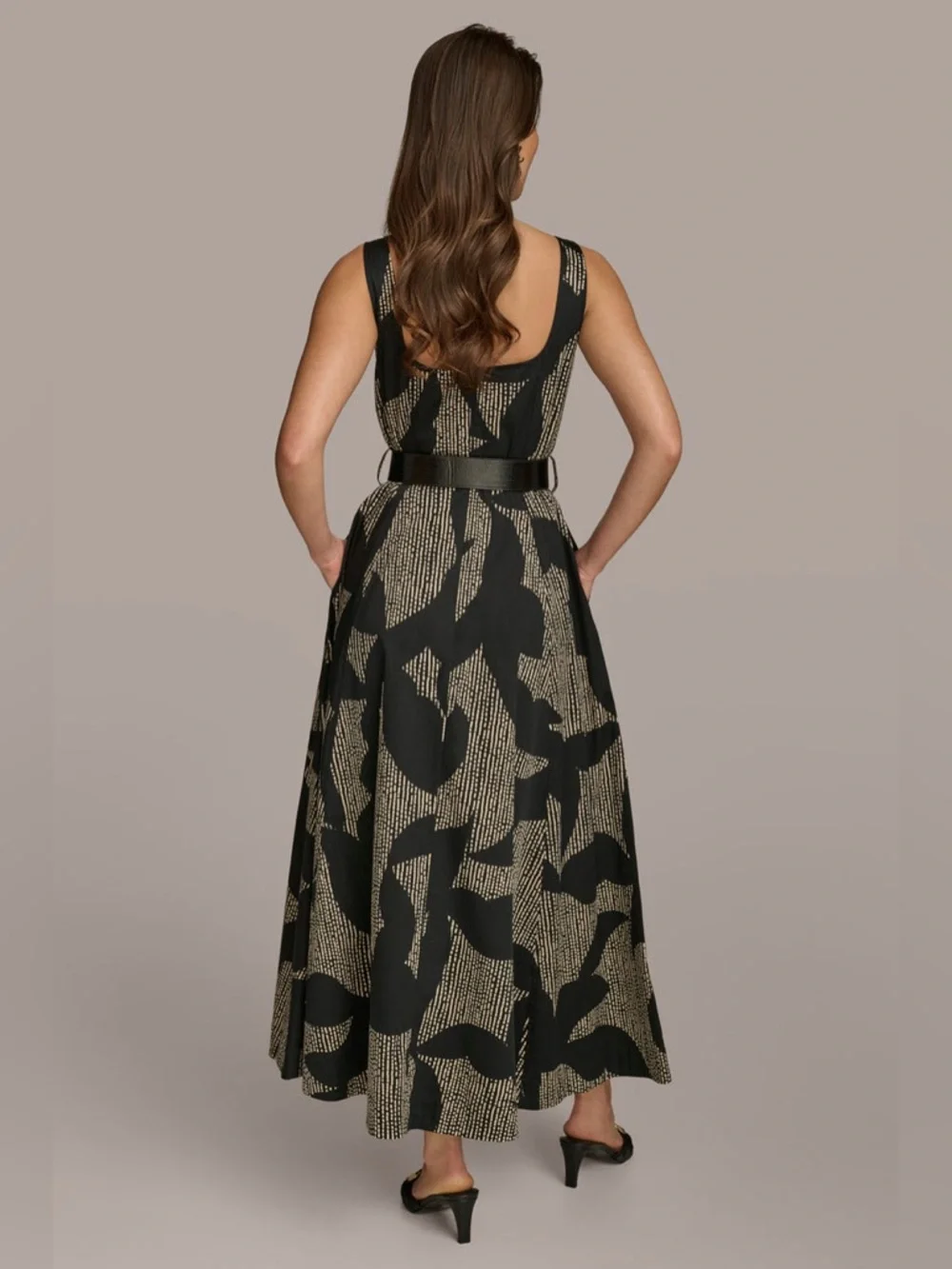 Donna Karan New York Cotton Sleeveless Belted Midi Dress Size 8 Black Tan - Picture 6 of 16